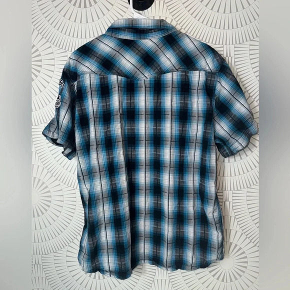 Harley Davidson Garage Snap Button Plaid Shirt Short Sleeve‎ HDMC Blue XL Slim - Picture 7 of 7
